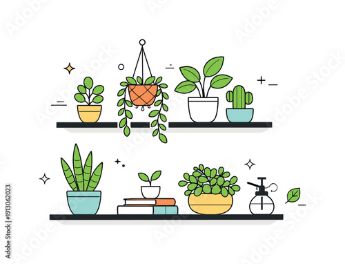 Decorating shelves with plants. Clean editorial illustration of floating shelves styled with potted plants and greenery, gentle organic