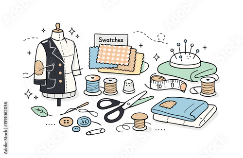 Timeless fashion and slow fashion principles. An editorial-style composition of sewing tools, fabric swatches, and a partially finished