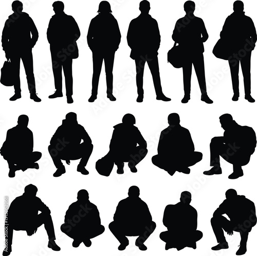 Collection of male human silhouettes in standing and squatting poses isolated on white background, black vector set for design and branding use