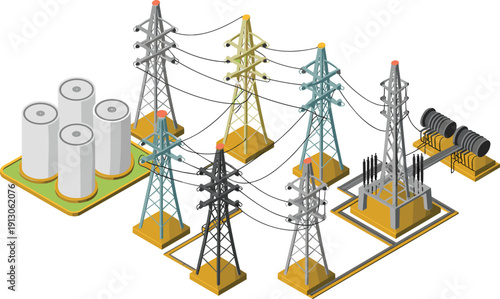 Isometric electricity transmission towers and power substation illustration, industrial energy grid infrastructure with high voltage lines isolated