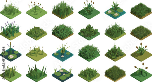 Isometric grass plant tiles set with marsh reeds bushes water lily ponds low poly nature assets for game design illustration