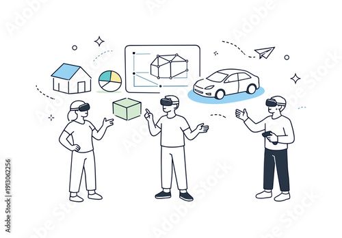 Virtual Prototype Collaboration. Virtual reality collaboration. Small group reviewing virtual prototypes together, standing in an open space. Calm innovation