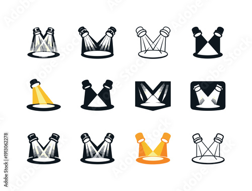Spotlight Logo Variations. Spotlight shining on stage. Icon set. Set Logo of Spotlight shining on stage: dramatic light rays. harmonious logo variations of the