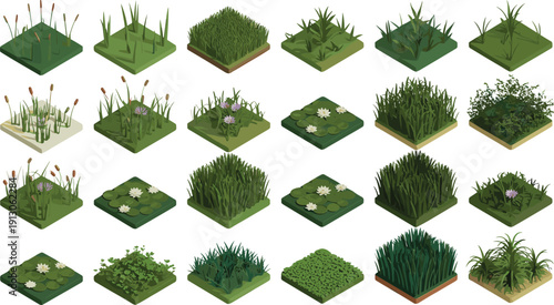 Isometric grass and wetland plant tiles with cattails bushes and water lily ponds low poly nature assets set