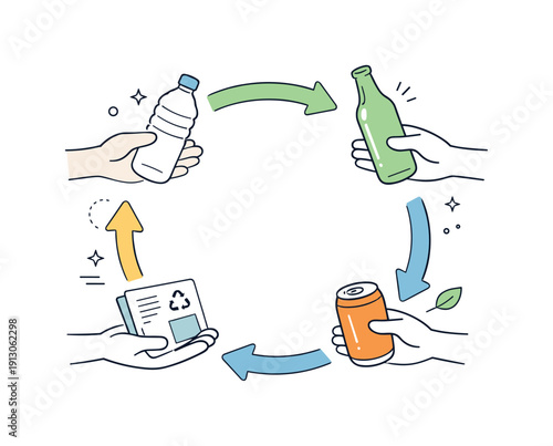 Recycling lifestyle concept. Abstract composition of hands, arrows, and recyclable items forming a circular flow. Clean editorial metaphor