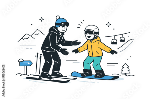 Learning winter sports. A beginner practicing skiing or snowboarding with gentle guidance, safe and friendly atmosphere. Editorial scene