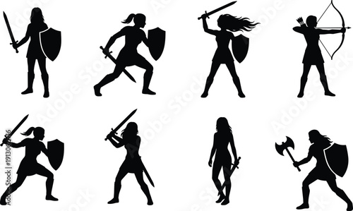 Female warrior silhouettes collection with sword, shield, axe and bow in action poses black and white vector illustration