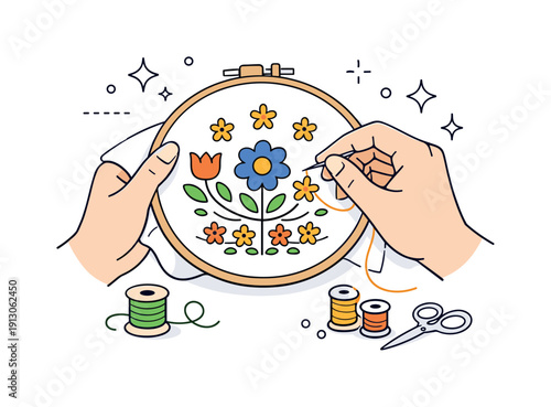    Embroidering folk patterns. Close-up of hands working on colorful spring motifs with thread and needle, abstract stars and decorative dots