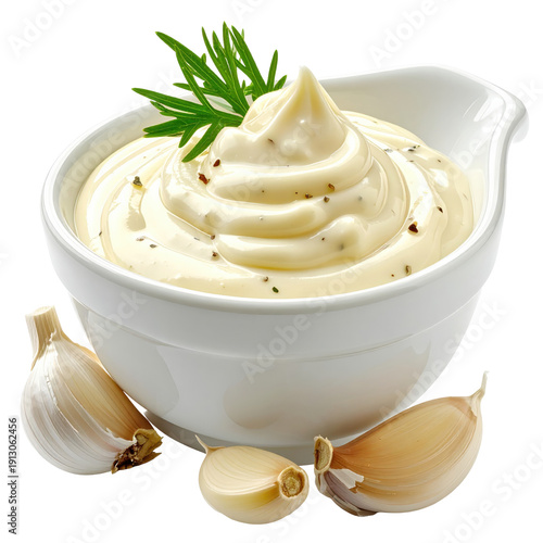 Creamy garlic aioli in a bowl with fresh rosemary and cloves isolated on white background