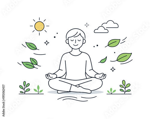 Natural healing process. Leaves, sunlight, and gentle wind surrounding a calm person, visualizing recovery, balance, and emotional support