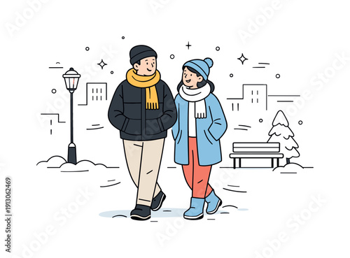    Winter city walk. Two people strolling together through a snowy street, relaxed pace and calm conversation. Minimal urban