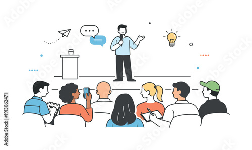 Engaged Audience Experience. Live event audiences. Diverse group listening attentively to a speaker on stage, some taking notes or holding phones. Focused