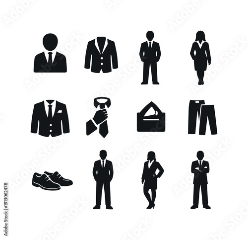    Workplace without employeesWearing a suit. Solid icon set of wearing a suit: person in suit, buttoned blazer, man in formalwear, woman in