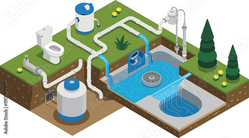 Isometric residential wastewater treatment system diagram, underground septic tank, filtration unit, drainage pipes, sustainable home sewage management illustration
