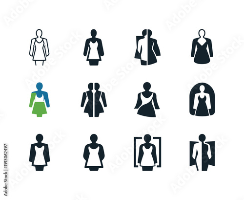 Virtual fitting rooms. Icon set. Set Logo of virtual fitting rooms: body outline with clothing overlay. harmonious logo variations of the