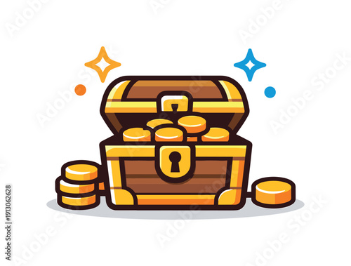    Treasure chest a compact reward badge with a chest, coins, and decorative sparkles arranged in balance, expressing motivation, prizes, and