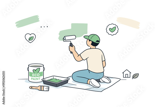 Low-impact interior finishes. A person painting walls with eco-certified paint and simple tools, emphasizing healthy materials. Quiet mindful
