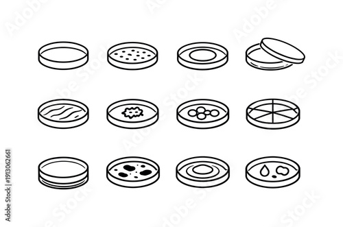 Scientific Agar Plates. Line icon set of Scientific Agar Plates: agar plate outline, bacterial colony dots, circular growth ring, petri dish