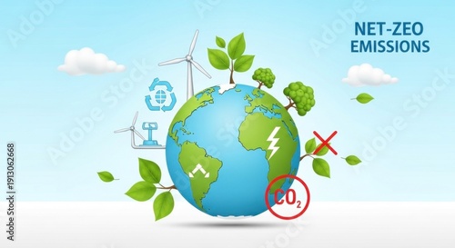 Wallpaper Mural A globe with leaves and wind turbines, surrounded by clouds and a blue sky, with the words 'NET-ZEEO' and 'NET-ZEEO EMISSIONS' written on it. Torontodigital.ca