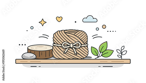 Natural twine rope. A minimal shelf scene with a bundle of twine placed next to simple natural objects like leaves or wood, conveying organic