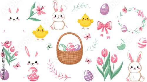 Cute Easter Vector Set with Bunny, Chick, Eggs, Basket, Flowers and Pastel Spring Holiday Nursery Illustration Elements