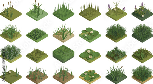 Isometric wetland grass cattail and water lily plant tiles low poly nature assets for game illustration design environment collection set