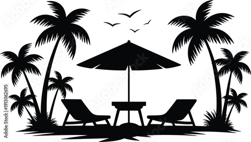 Tropical beach resort silhouette with palm trees, sun loungers umbrella seaside vacation summer travel illustration design