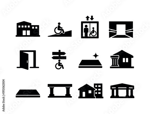  Barrier free architecture. Filled icon set of Barrier free architecture: building facade,