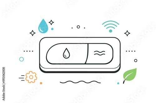 Smart Flush Design. Smart toilet flush button. Abstract editorial scene of a flush button with subtle digital icons and gentle geometric elements, suggesting