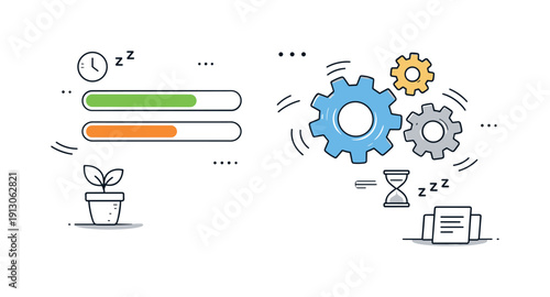 Automated Serenity. Unattended processes. A calm editorial scene showing progress bars and system gears running without any user present, surrounded by subtle