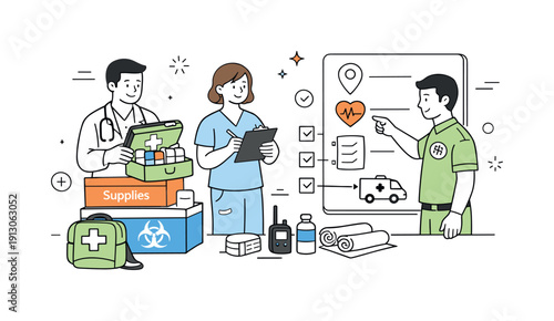 Emergency health preparedness. Medical team organizing supplies and reviewing response steps in a calm, structured environment. Order and