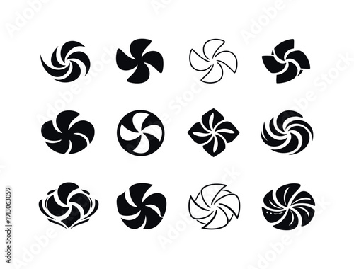 Fan. Icon set. Set Logo of Fan: cooling airflow swirl. harmonious logo variations of the same emblematic concept, each with different