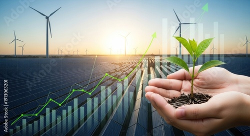 Wallpaper Mural Two hands holding a green plant in front of a solar panel array and wind turbines at sunset. Torontodigital.ca