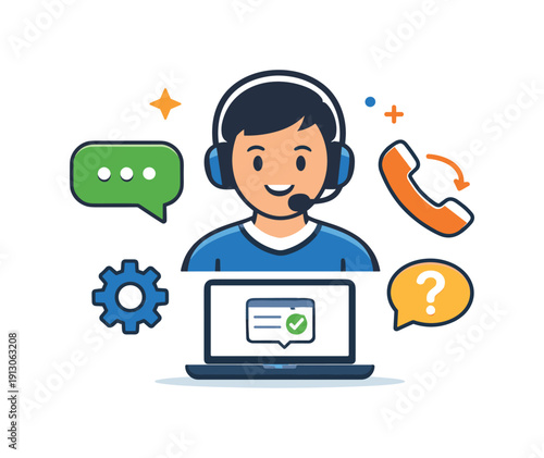   Customer support service a simple scene of a person assisting through chat and phone icons, conveying responsiveness, clarity, and