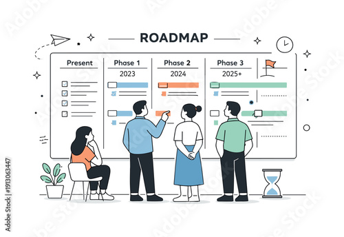    Long-term thinking. A team reviewing a large roadmap board with future phases clearly separated and uncluttered. Collective patience and