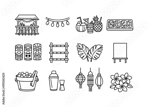    Tropical party bar. Line icon set of Tropical party bar: decorated bar front, party string lights, tiki cocktails set, fruit garnish tray,