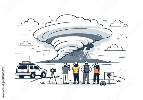 Extreme weather and storm chasing tourism. Small group of travelers watching a distant storm cloud formation from a safe viewpoint, cameras