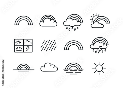 Rainbow Weather Icons. Rainbow Weather Icons. Line icon set of Rainbow Weather Icons: rainbow arc, rainbow cloud, rain with rainbow, sun with rainbow, weather