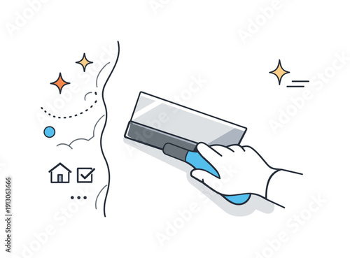 Professional finishing work. Abstract editorial scene showing a putty knife achieving a smooth, even wall surface, subtle lines indicating