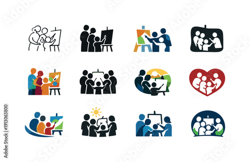 Encouraging family hobbies and creative activities. Icon set. Set Logo of encouraging family hobbies and creative activities: family painting