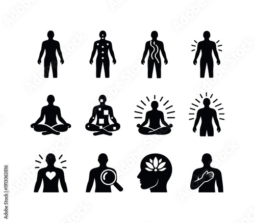   Body Scan. Filled icon set of Body Scan: body outline, awareness points, relaxation flow,