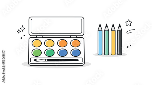 Minimal art supplies composition. A single set of paints and pencils arranged in open space, emphasizing simplicity and aesthetic balance.