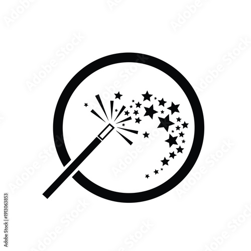 Vector illustration icon black magnifying glass with magic wand and stars