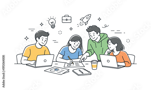 Student business project. A small team of young people collaborating around a table with laptops and sketches, expressing teamwork and