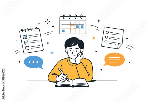    Invisible work responsibilities planning. Abstract workspace with floating checklists, calendars, and message bubbles surrounding a focused