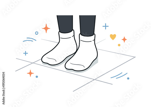 Floors texture details. Feet in socks standing on lightly patterned tile floor, soft reflections and faded grout lines visible. Close-up