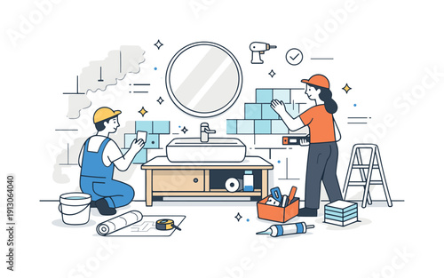 Bathroom remodeling process. A clean bathroom space with unfinished walls, sink and tiles being installed, sense of progress. Calm editorial