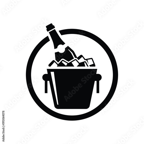 Vector illustration icon black and white illustration of a beer bottle in an ice bucket within a circular frame
