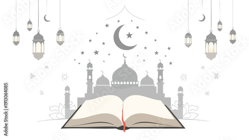 Illustration of an open book with a mosque and hanging lanterns in a gray and white design with a crescent moon and stars.
