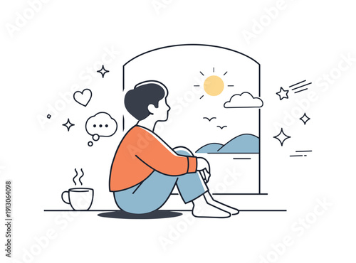 Contemplation and self-reflection. A single character sitting quietly by a window, looking outside with a relaxed posture. The scene conveys